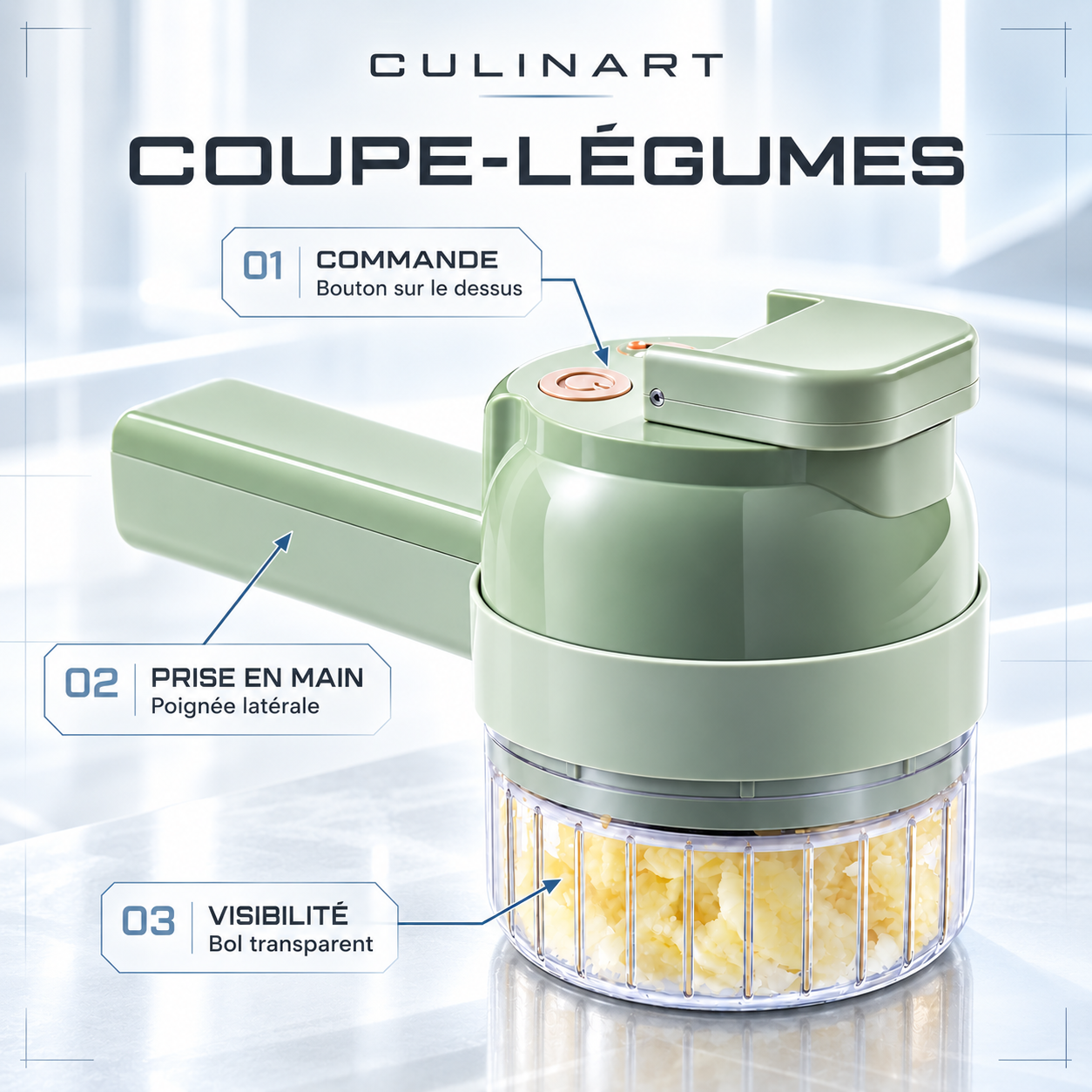 Coupe-légumes vert : bouton de commande sur le dessus, poignée latérale et bol transparent.