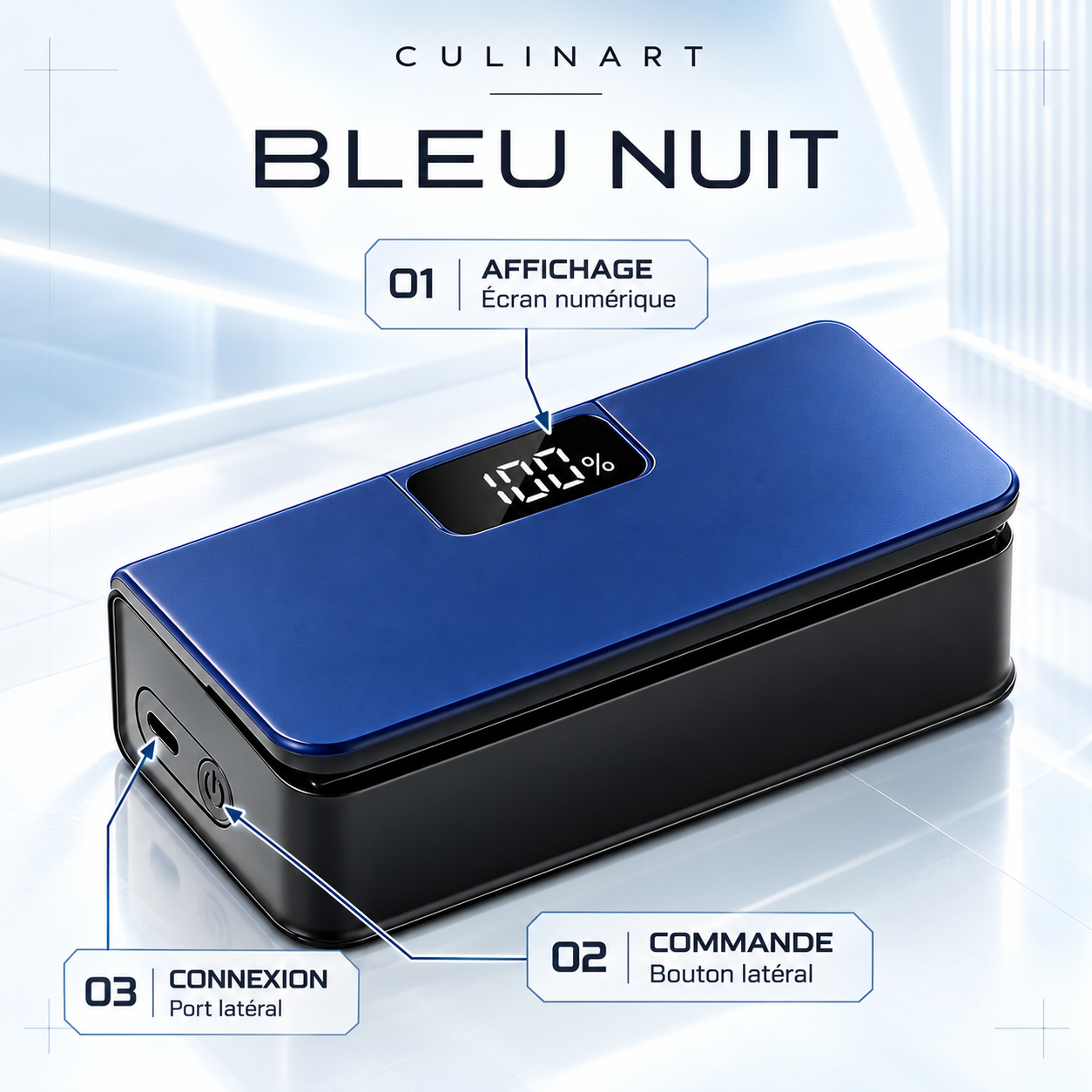 Scelleuse bleu nuit : affichage numérique, port de connexion et bouton de commande latéral.